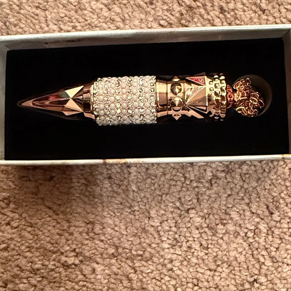 Bougie red matte lipstick rose gold case w pearls and rhinestones & chain